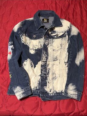 Kids Bleach-Wash Denim Jacket with Graphic Sleeve - Blue/White
